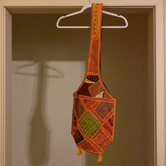 Boho, orange, yellow, tan, patchwork, shoulder bag w/ fringe - Picture 3 of 5